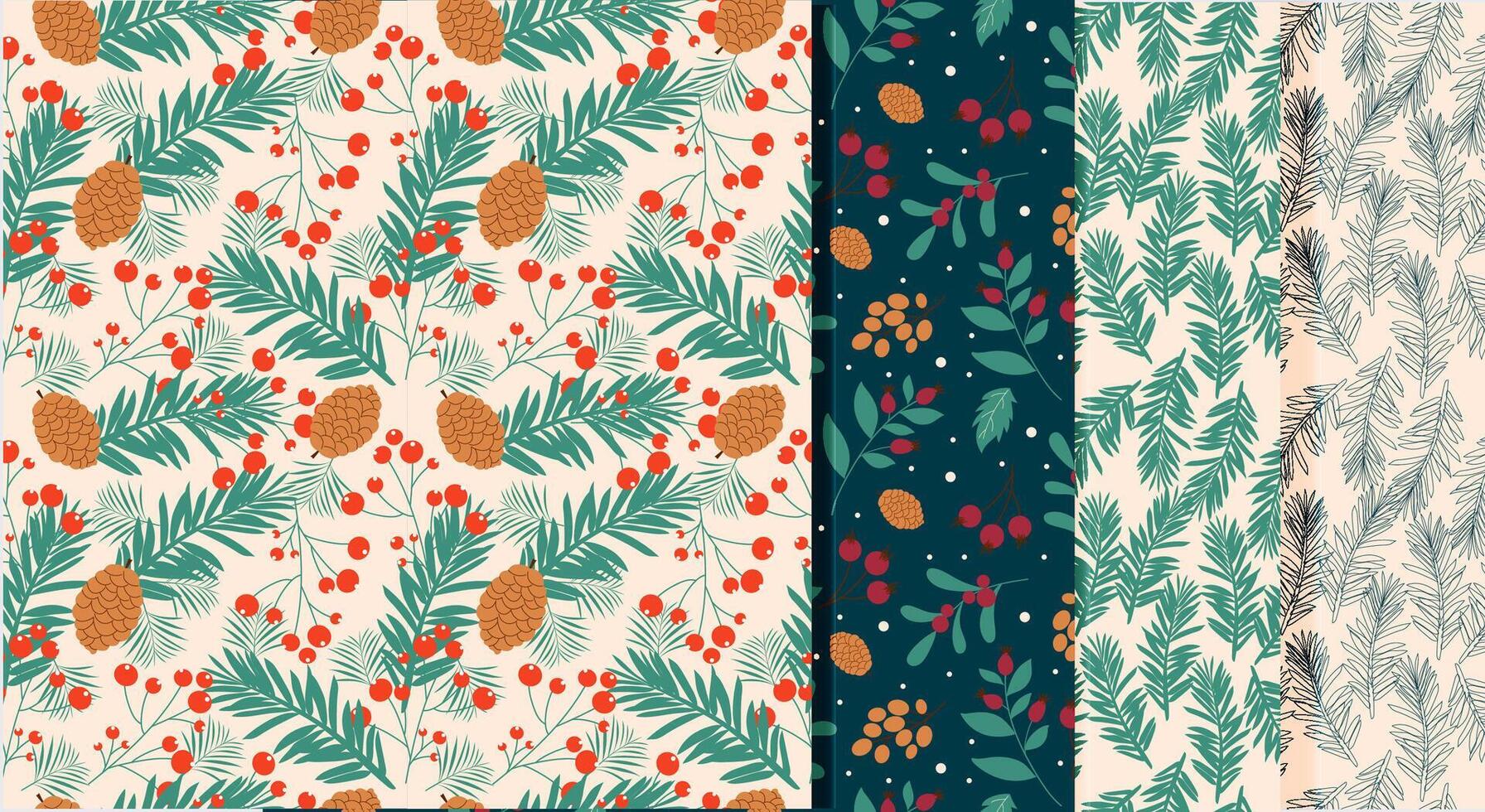 Seamless winter plants pattern set. Handdrawn elegant design. vector