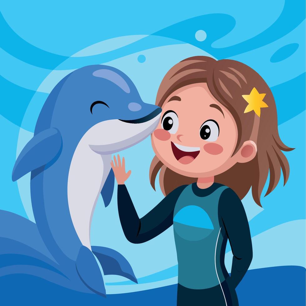 Joyful Bond A Girl and Her Dolphin Friend vector