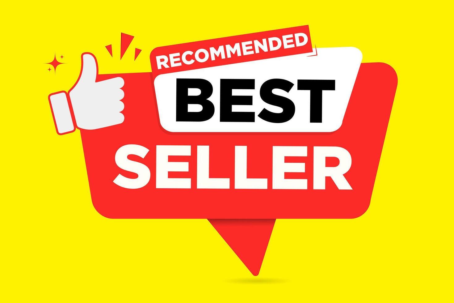 Best seller recommended advertising sticker business design, red speech bubble banner label with red, and yellow colors, and thumb up sign vector
