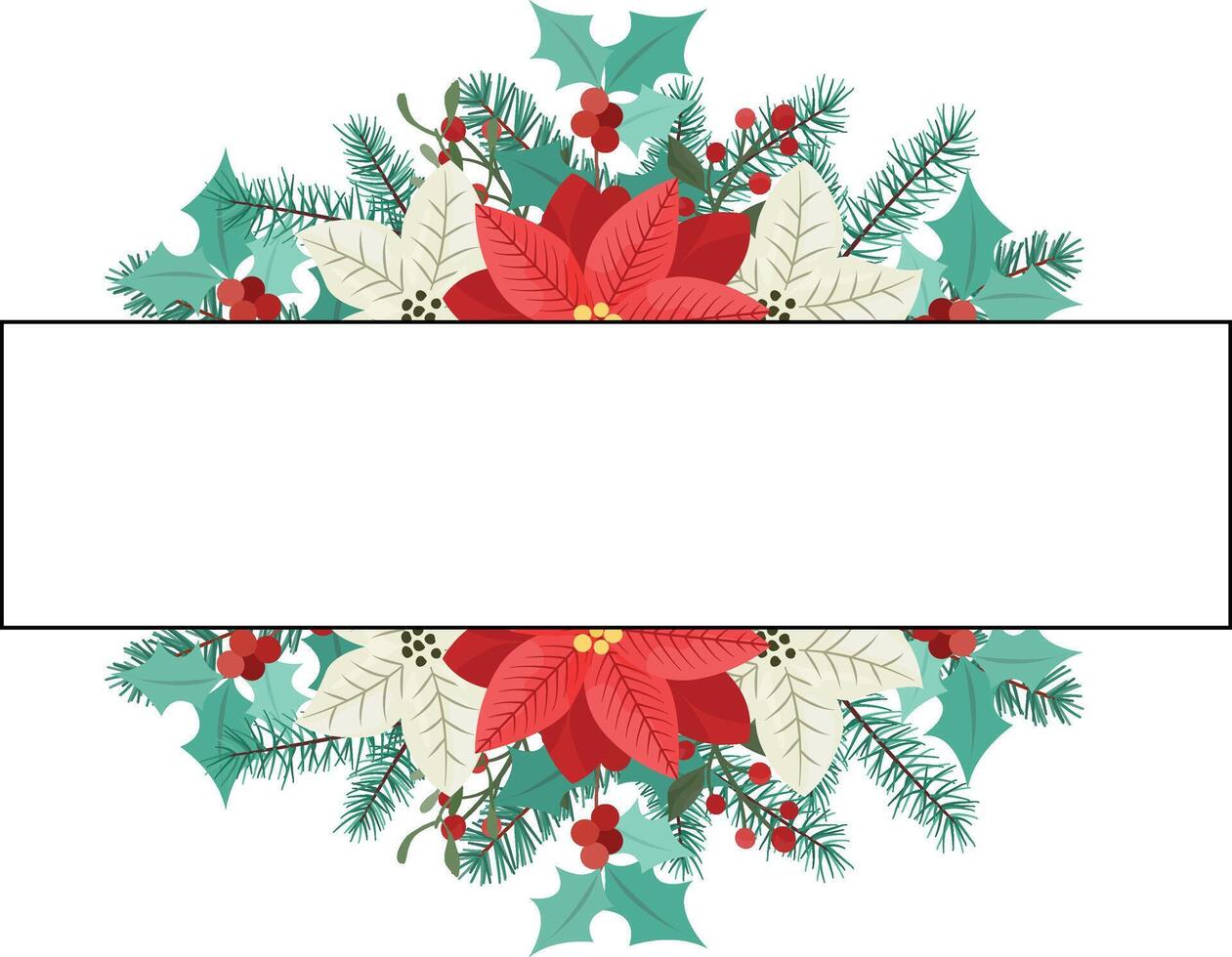 Christmas banner with fir branches, poinsettia flowers, holly berries and space for text. vector