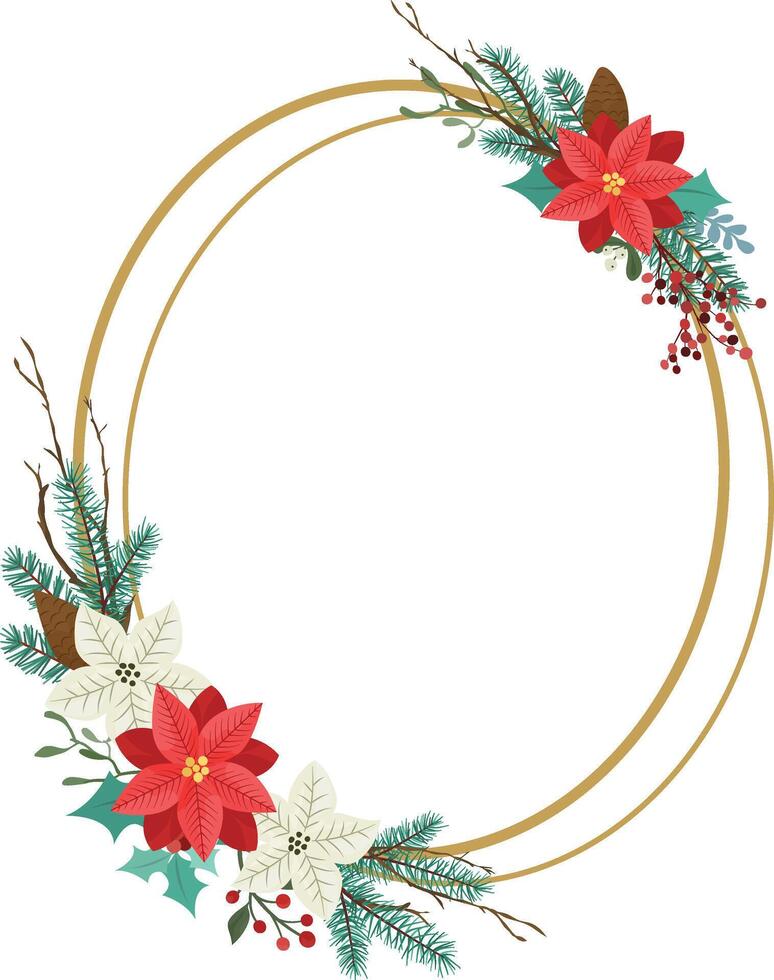 Christmas floral frame with red poinsettia, mistletoe, red berries and fir branches. vector