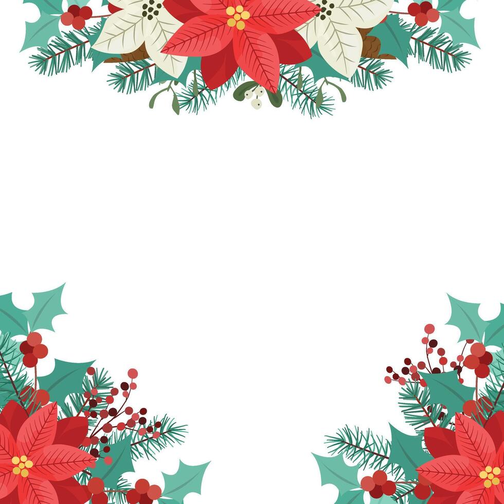 Christmas floral border with red poinsettias, mistletoe, red berries and fir branches. vector