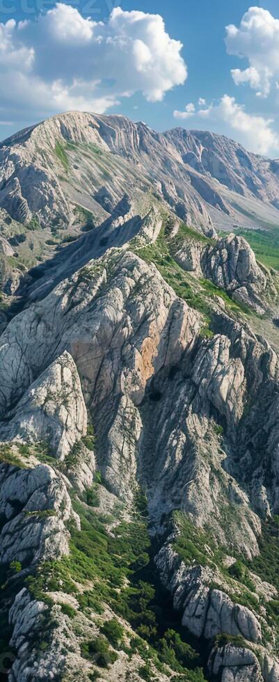 An aerial view of a mountain range with green grass and blue sky photo