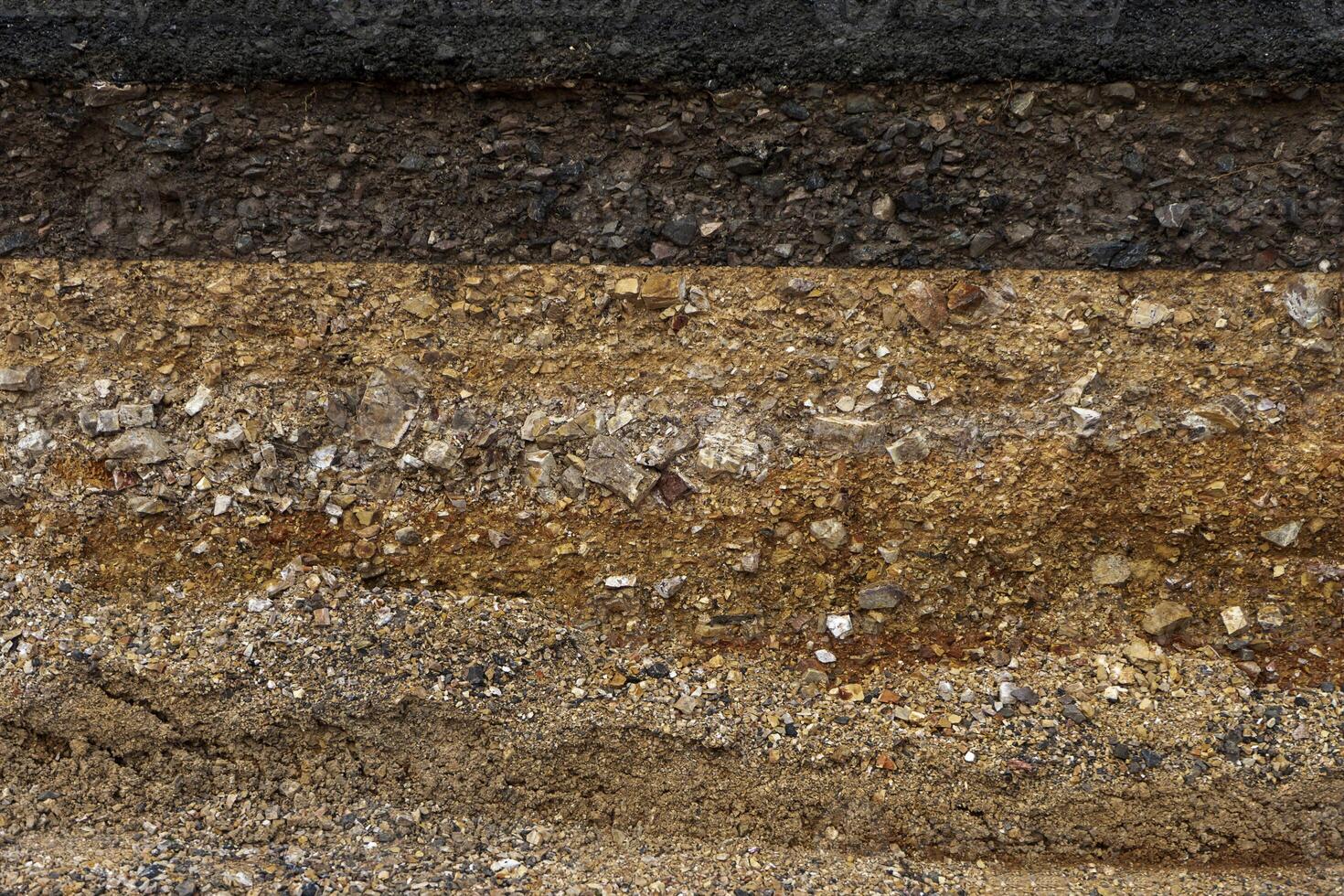 The layer of asphalt road with soil and rock. photo