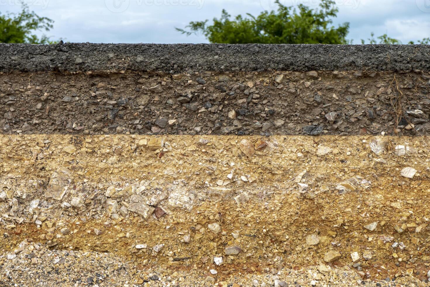 The layer of asphalt road with soil and rock. photo