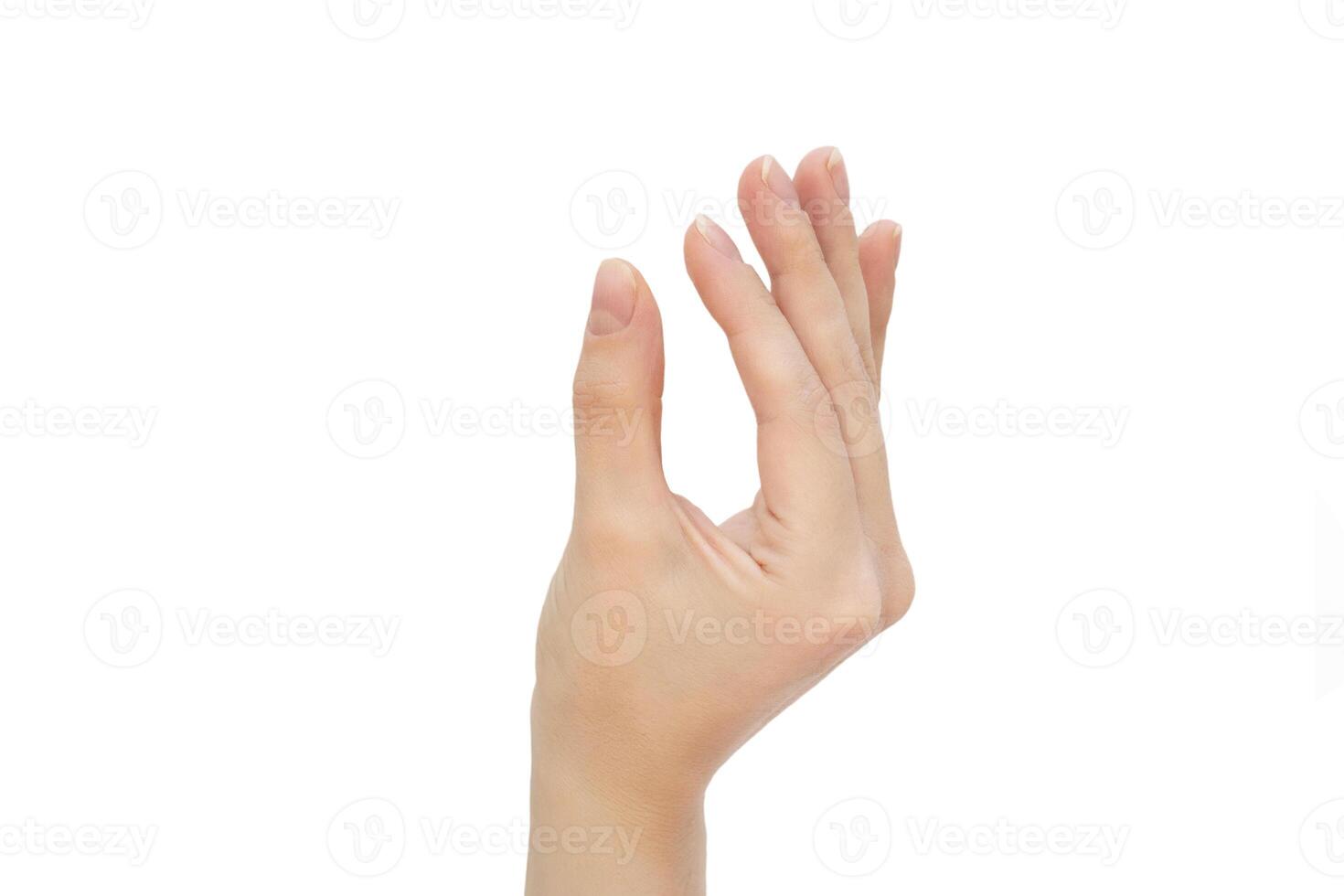 Female hand showing small or holding something small, Female hand showing snapping his fingers against isolated on white background, clipping path. photo