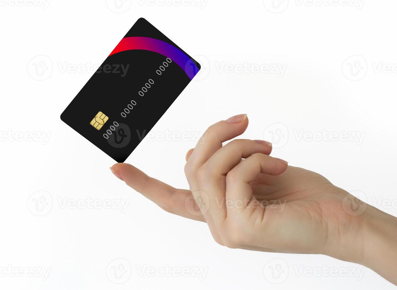 Close up female hand holds levitating template mockup Bank credit card with online service isolated on white background photo