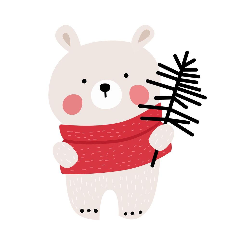 Cute cartoon bear holding a twig, dressed in a red scarf, perfect for winter illustrations and children's designs vector