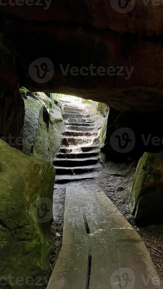 Hiking trail with wooden boardwalk and steps in Poland's Stolowe Mountains. Szczeliniec Wielki. photo