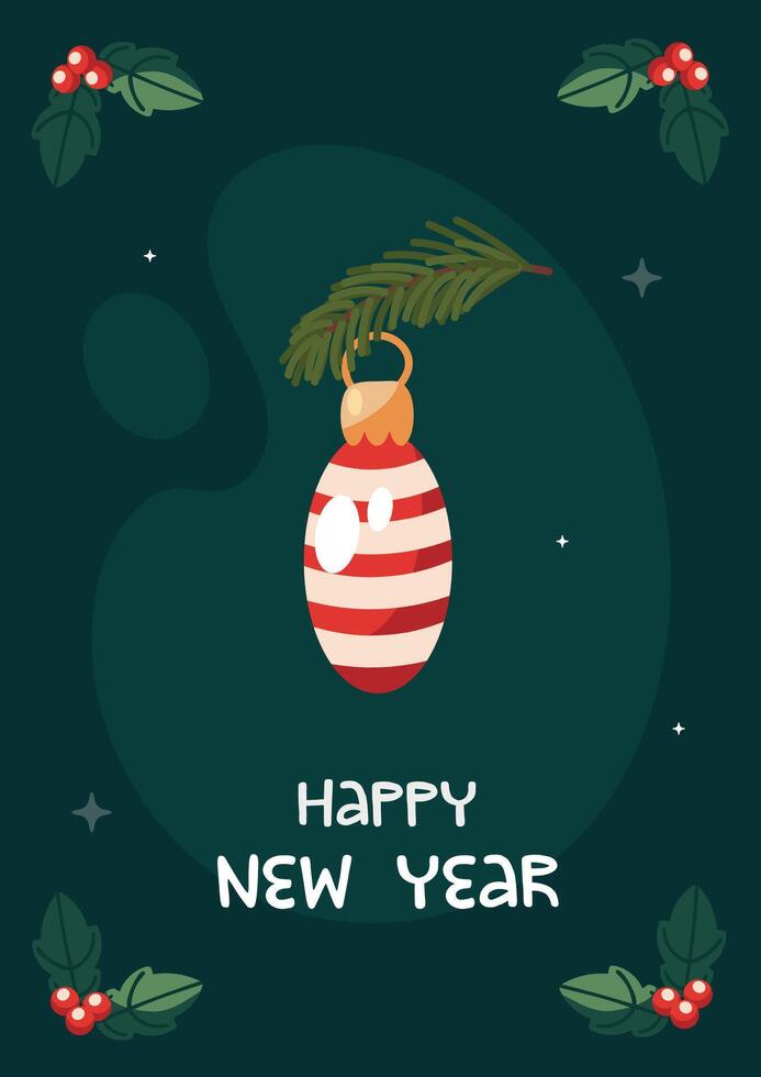 Happy new year card with christmas ball and holly branch vector