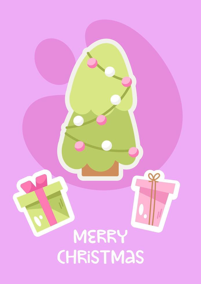 Christmas tree with presents and a gift box on a pink background vector