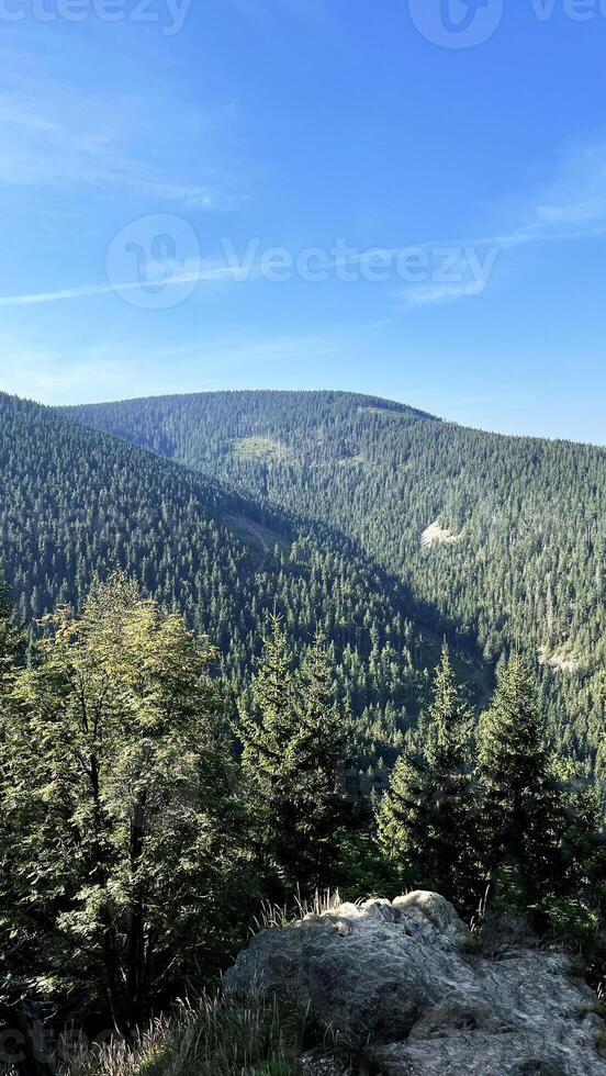 Panoramic view of forested mountains in Poland and the Czech Republic. photo