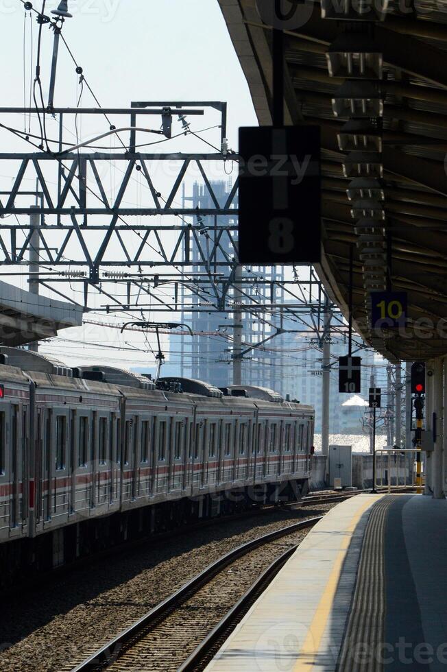 Beautiful view of train on rails in the city photo