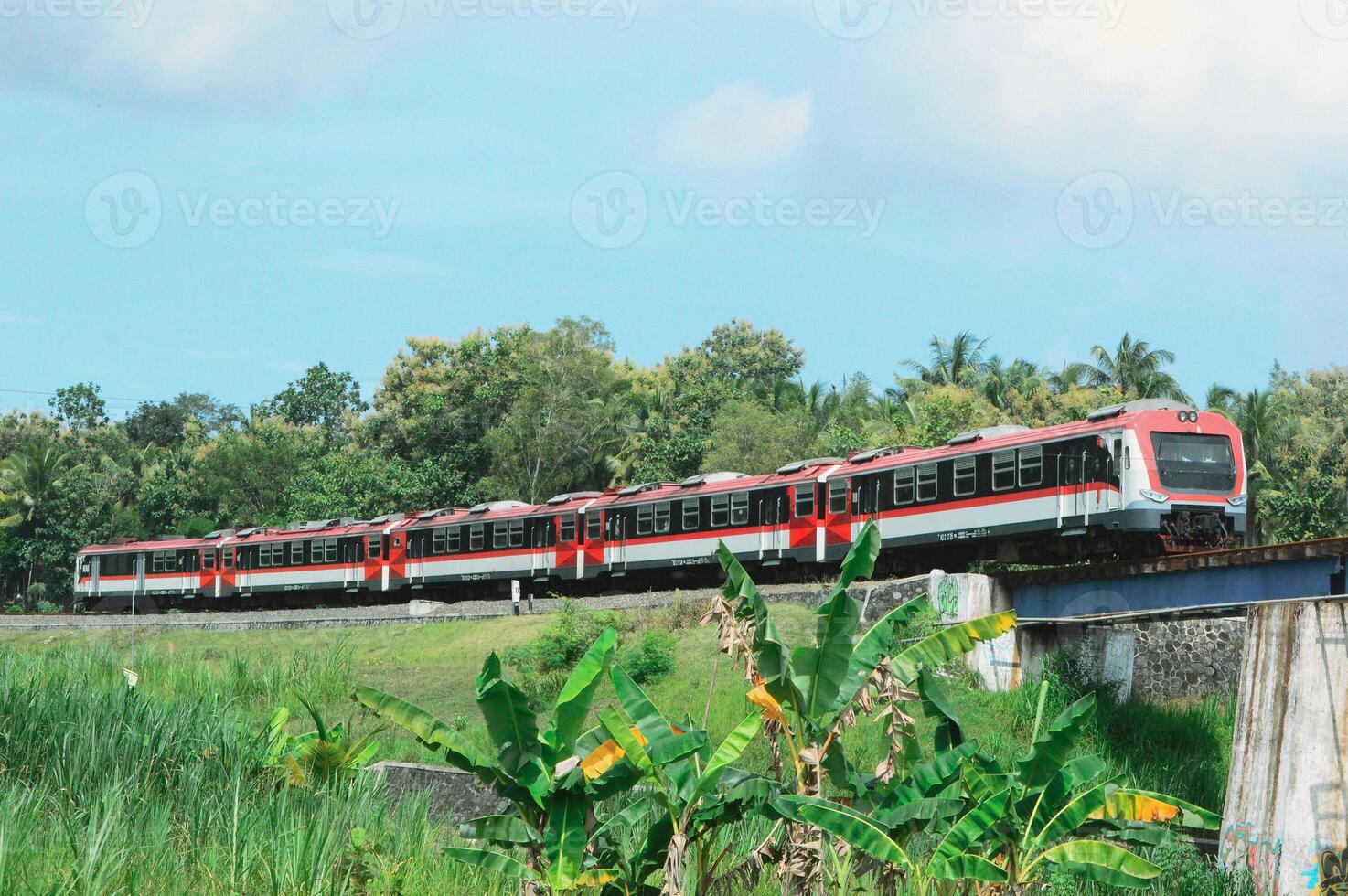 Beautiful view of train on rails in the city photo