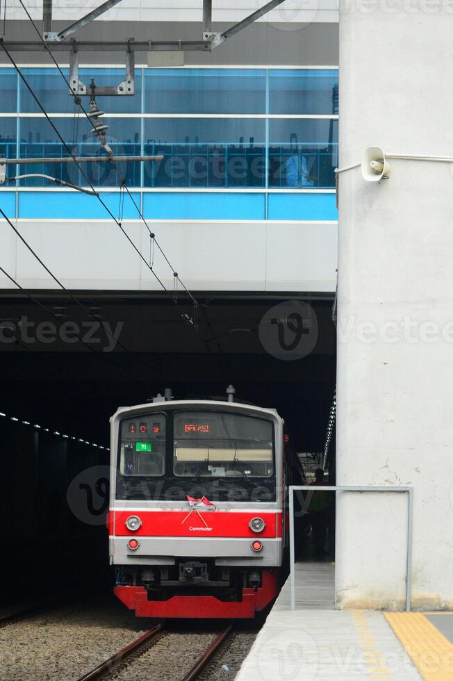 Beautiful view of train on rails in the city photo