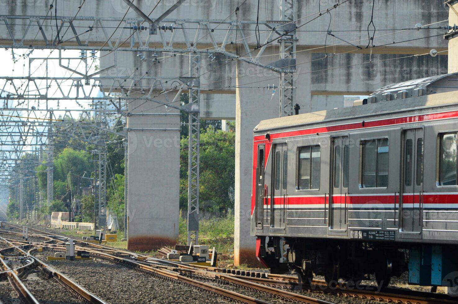 Beautiful view of train on rails in the city photo