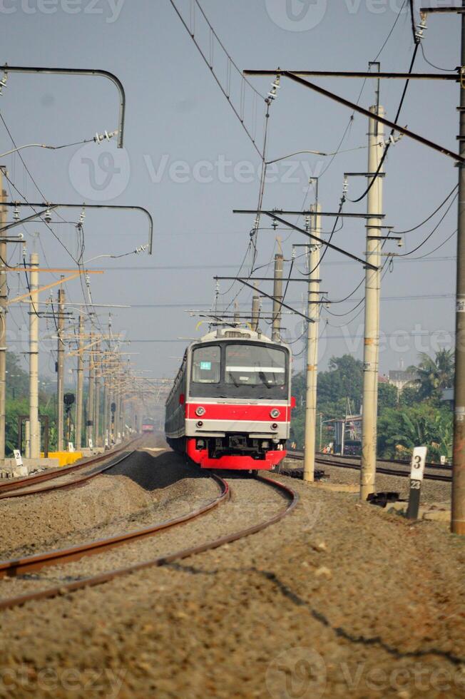 Beautiful view of train on rails in the city photo