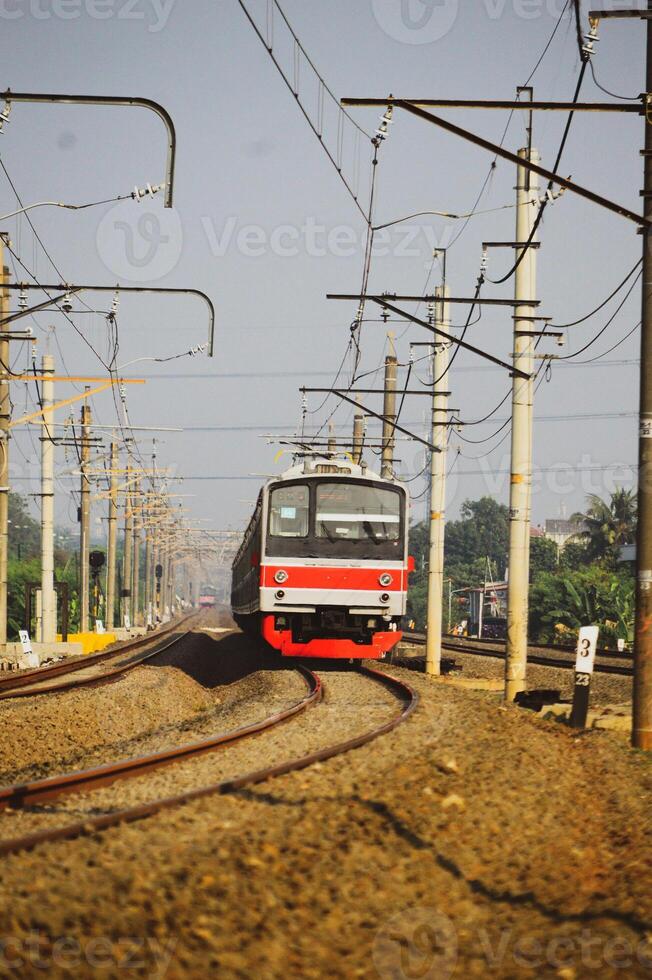 Beautiful view of train on rails in the city photo