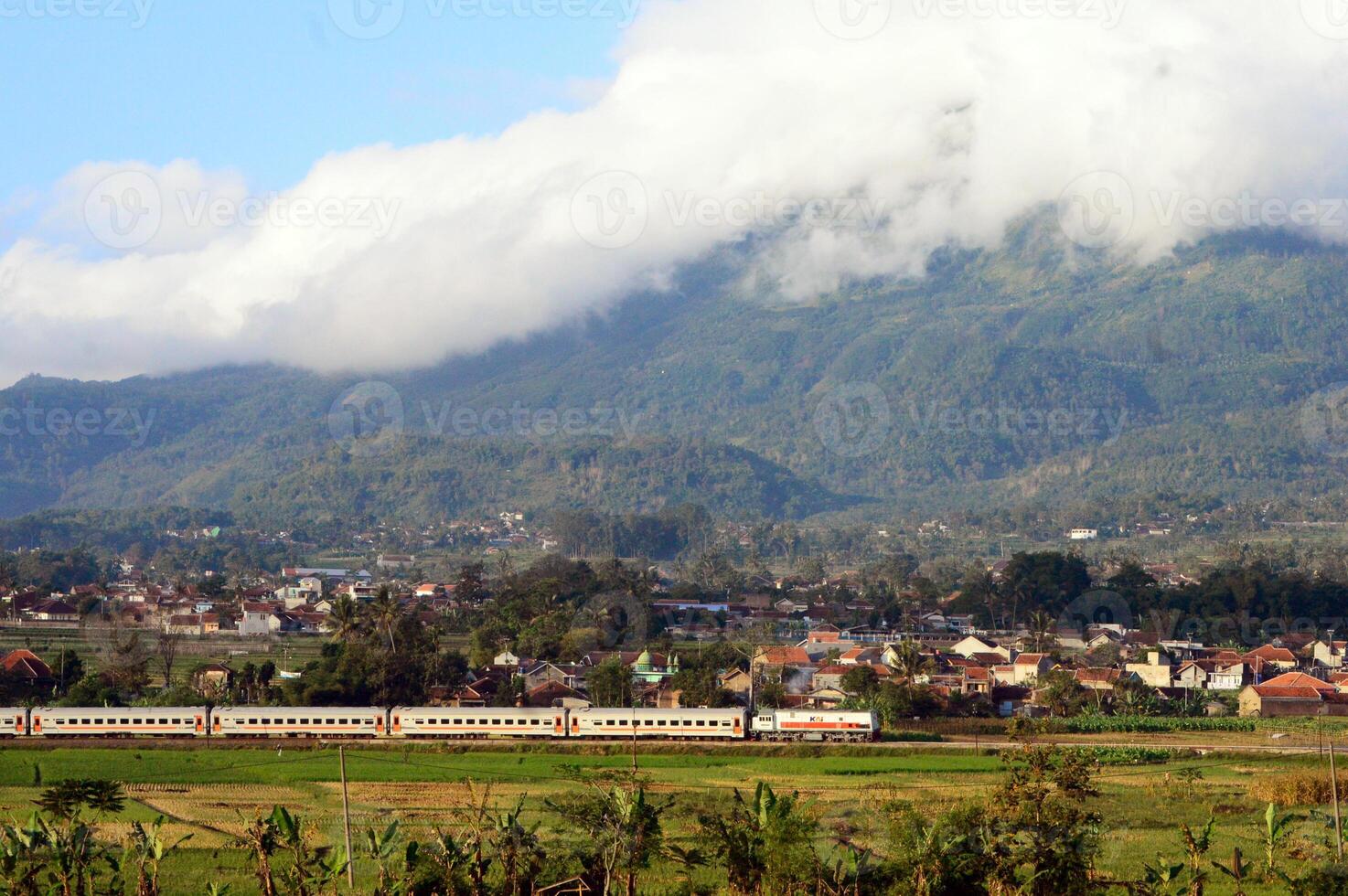 The train passes through the countryside with beautiful natural views. photo