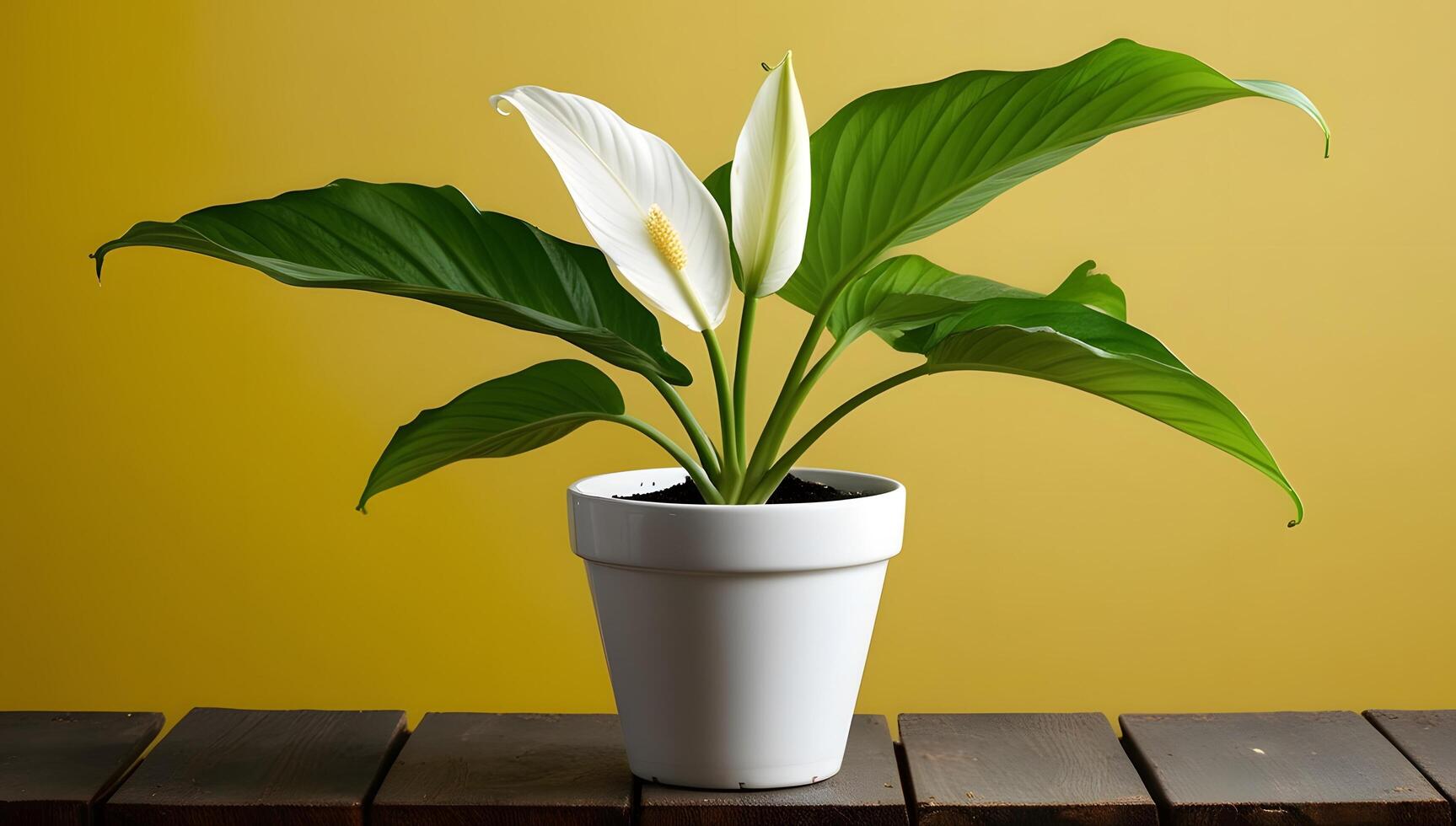 Peace Lily in White Pot with Vibrant Yellow Contrast photo