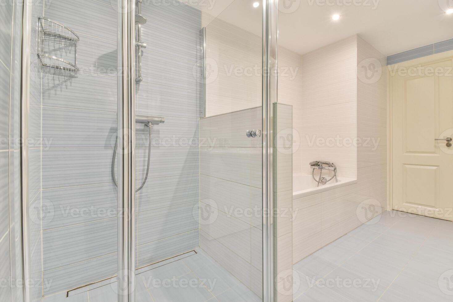 A bathroom with a shower and a toilet photo