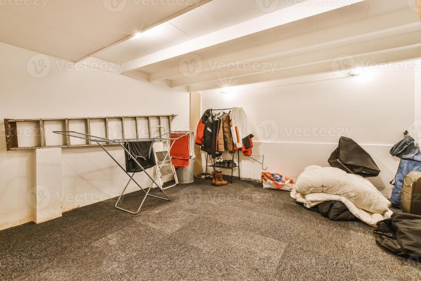 A room with a bed, clothes, and a ladder photo