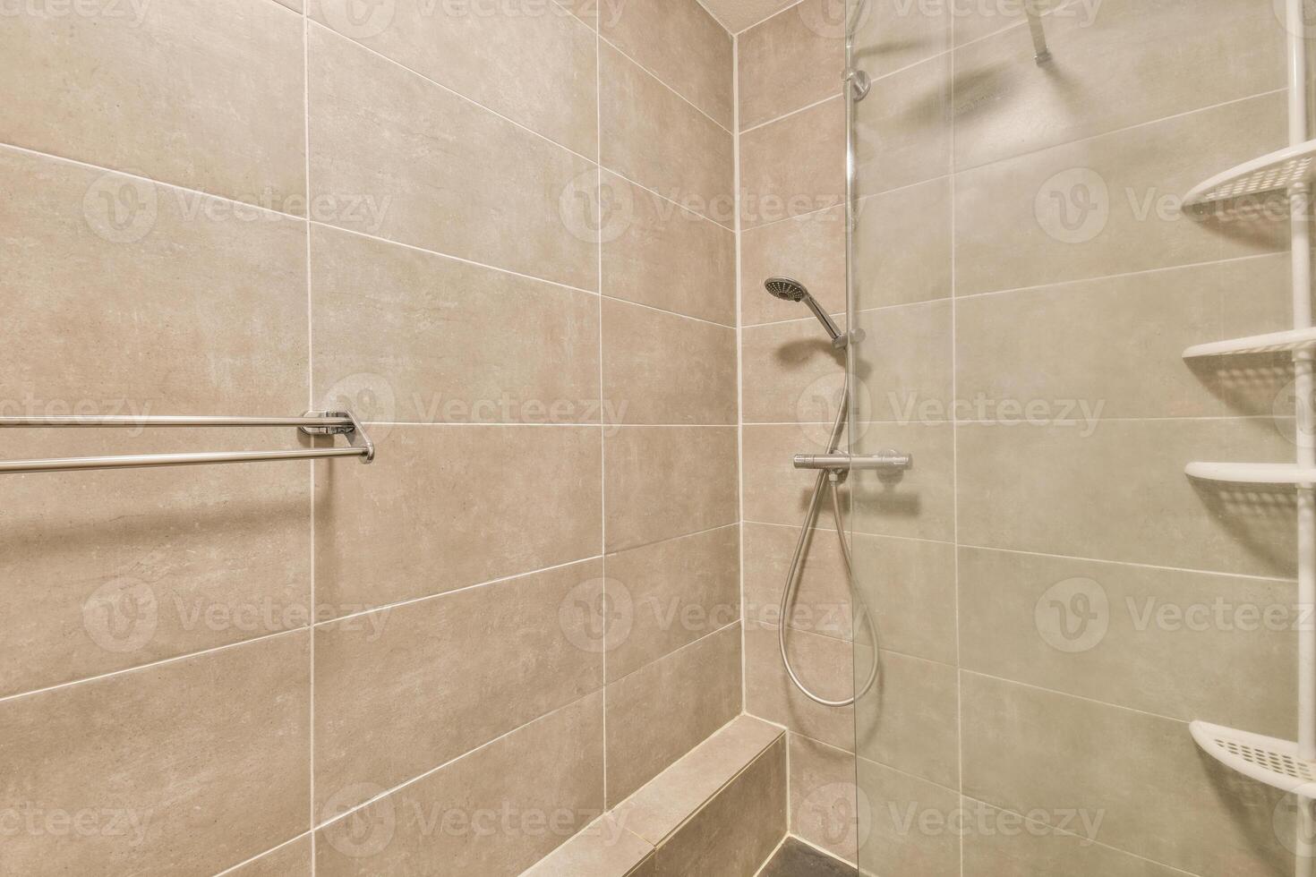 A shower with a stand up shower head and a towel rack photo