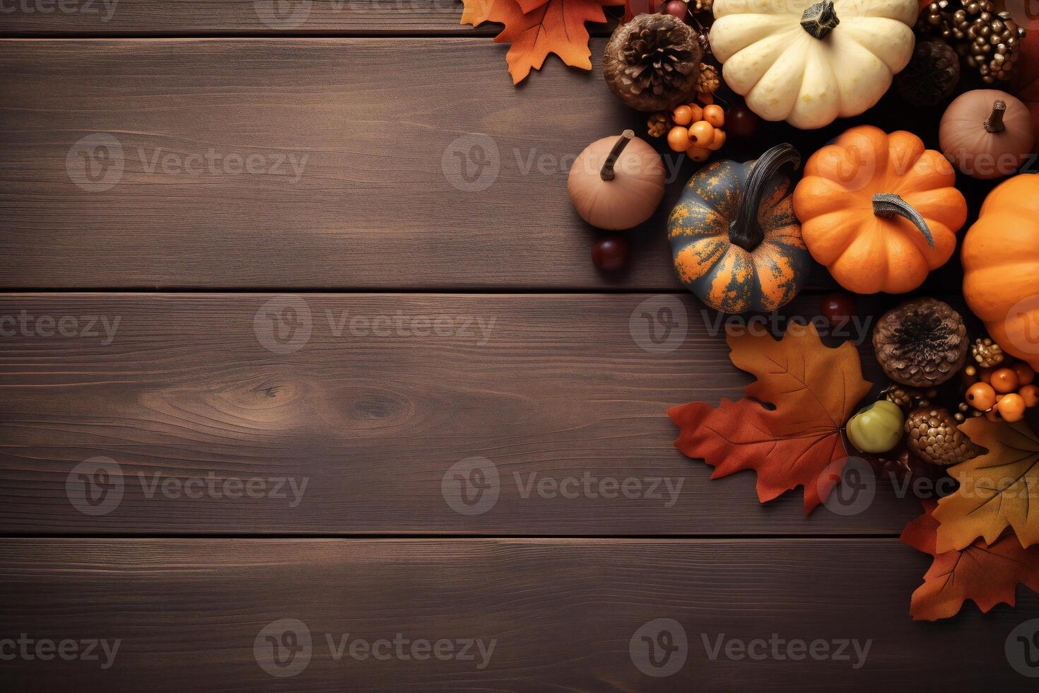 Thanksgiving background with pumpkins, acorns and leaves on wooden table photo