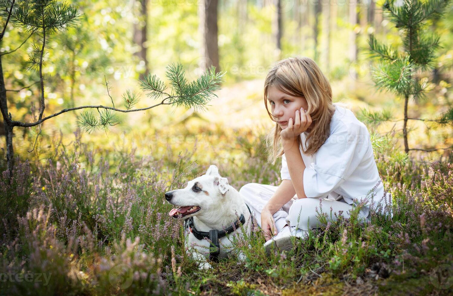 A young girl sitting among wildflowers in a forest, gently resting her chin on her hand while her dog relaxes nearby on a sunny afternoon photo