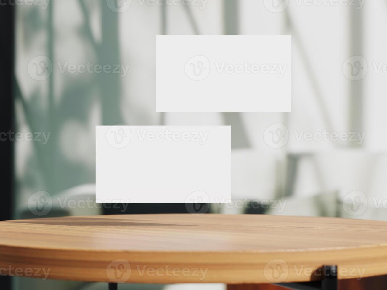 Clean minimal business card mockup on table with office background photo