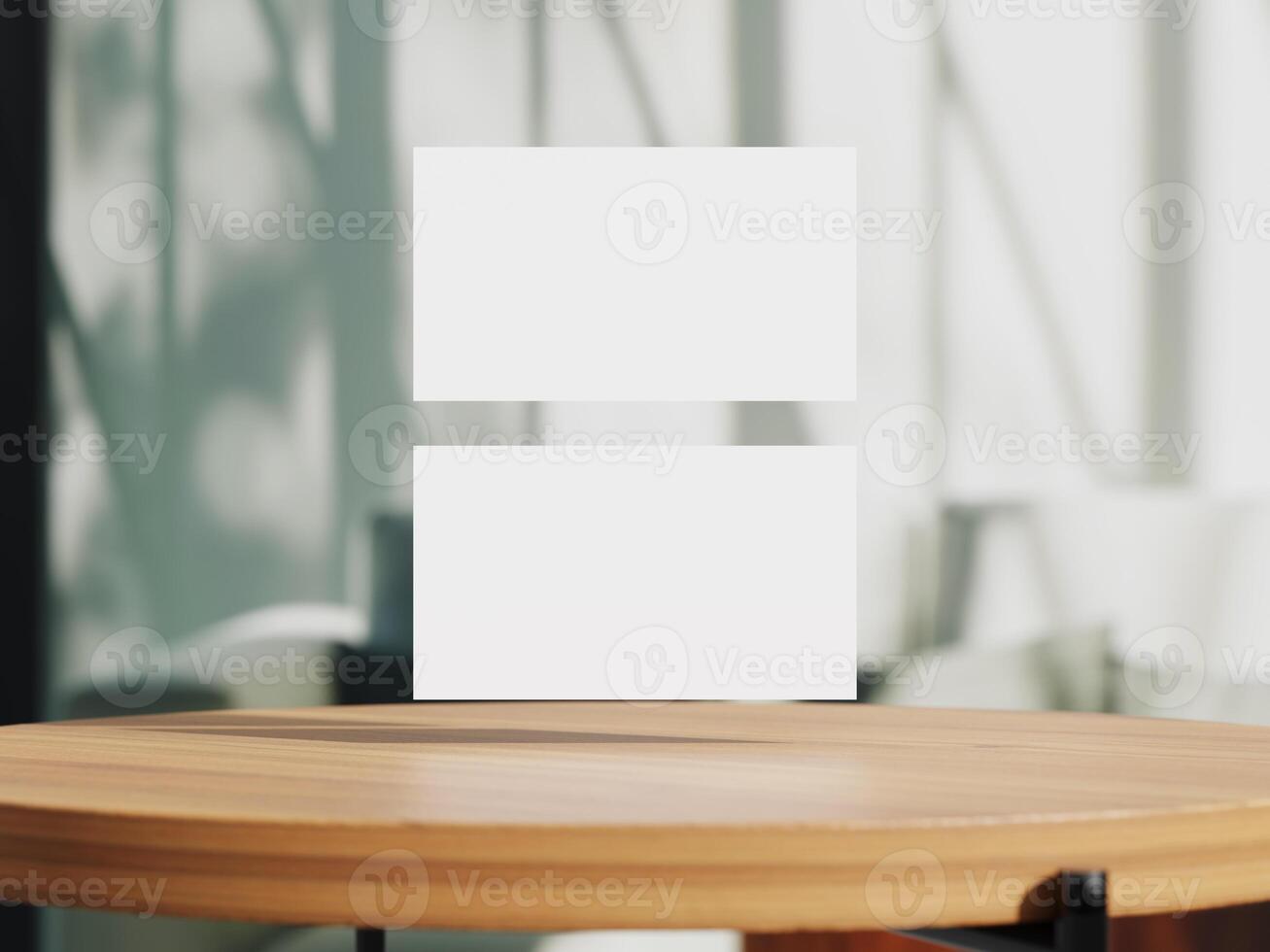 Clean minimal business card mockup on table with office background photo