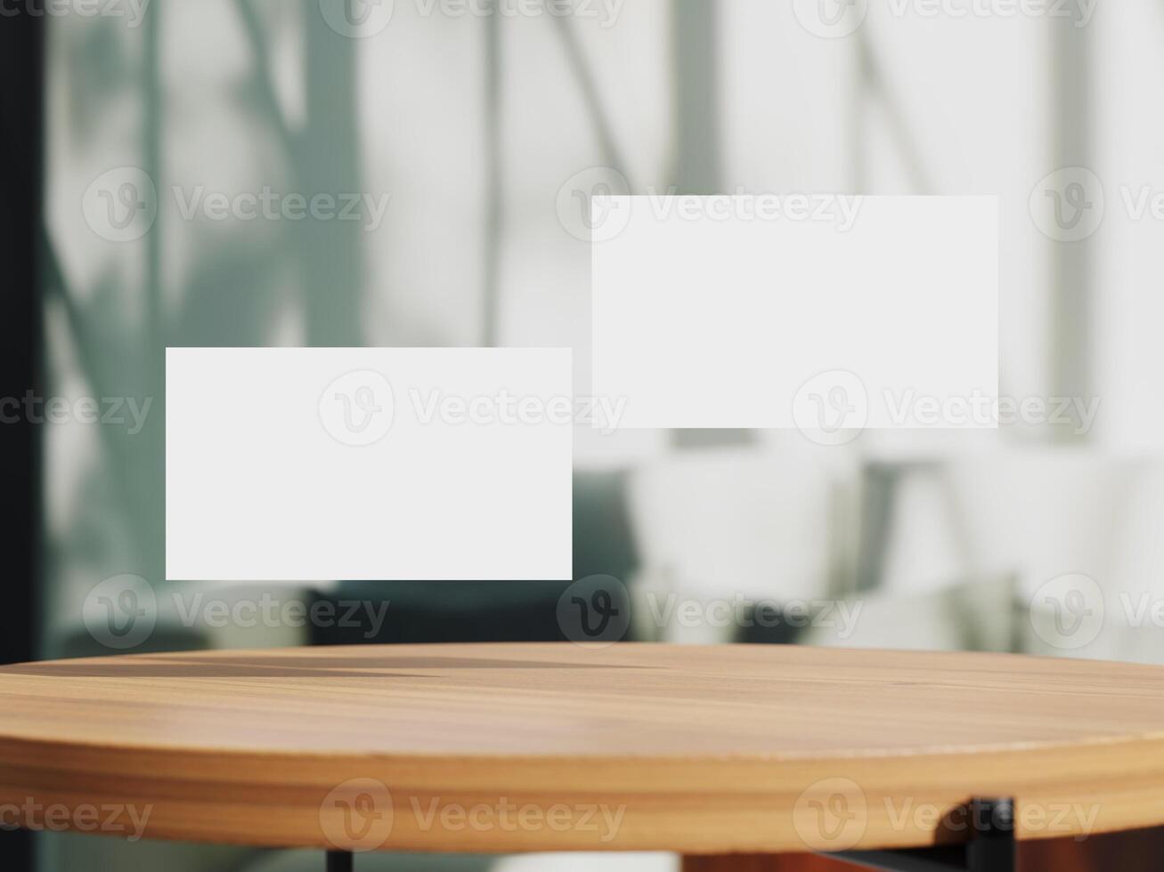Clean minimal business card mockup on table with office background photo