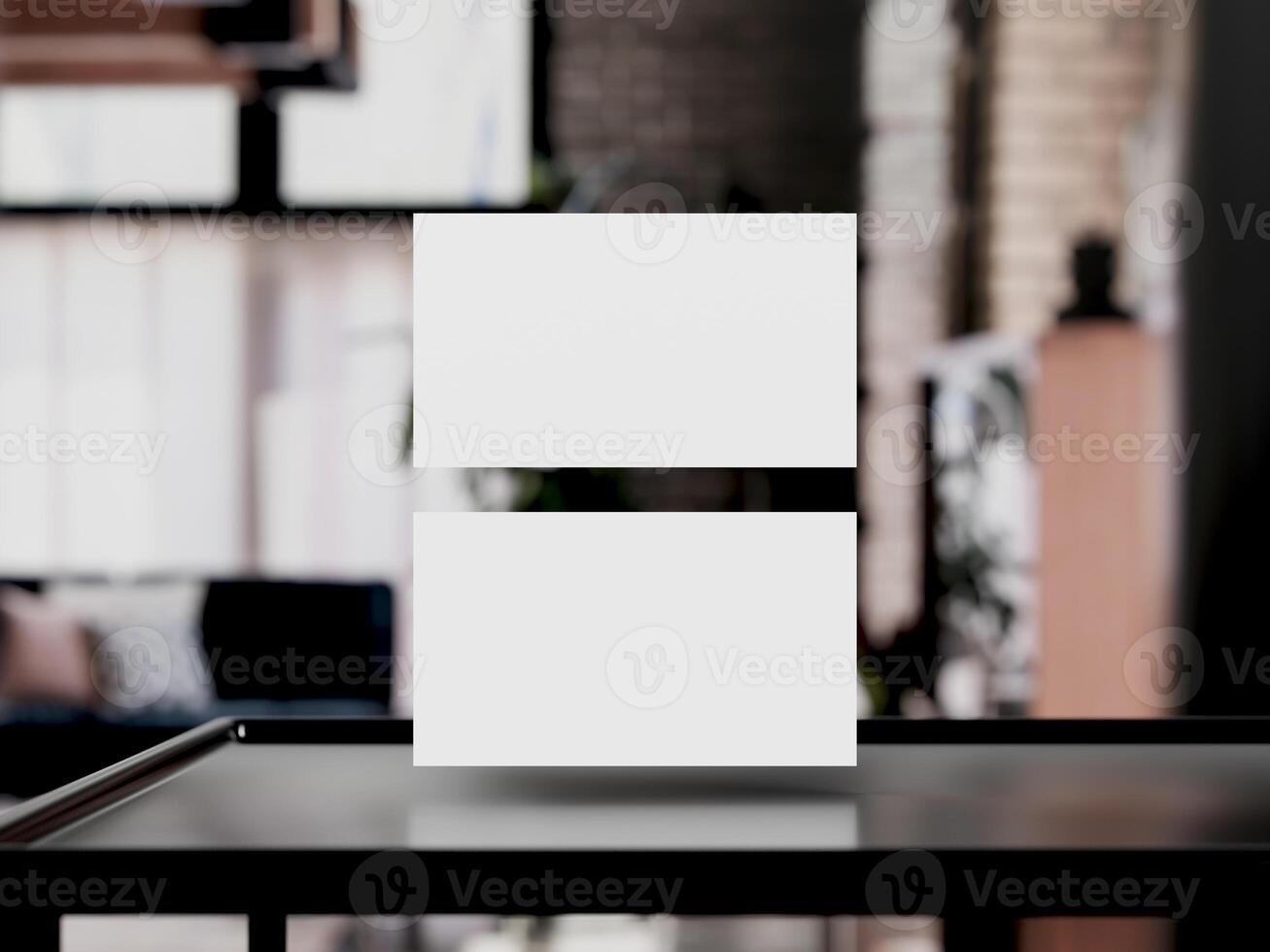 Clean minimal business card mockup on table with office background photo