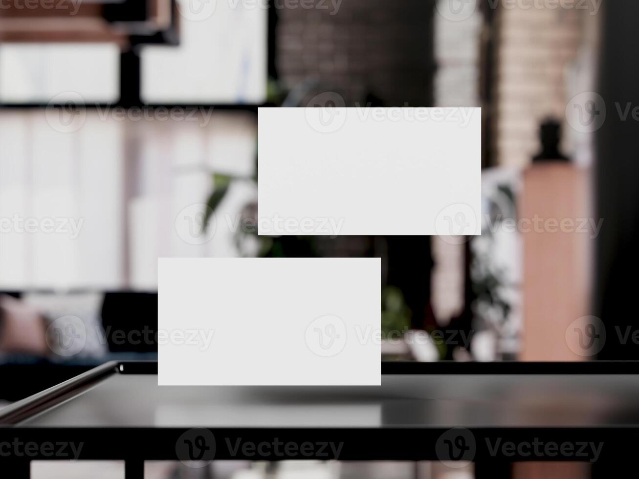 Clean minimal business card mockup on table with office background photo