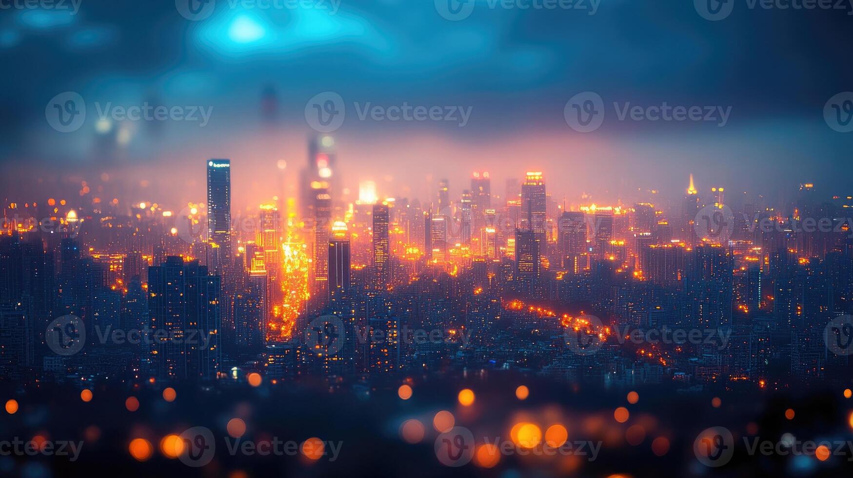 A city at night with lights and buildings photo