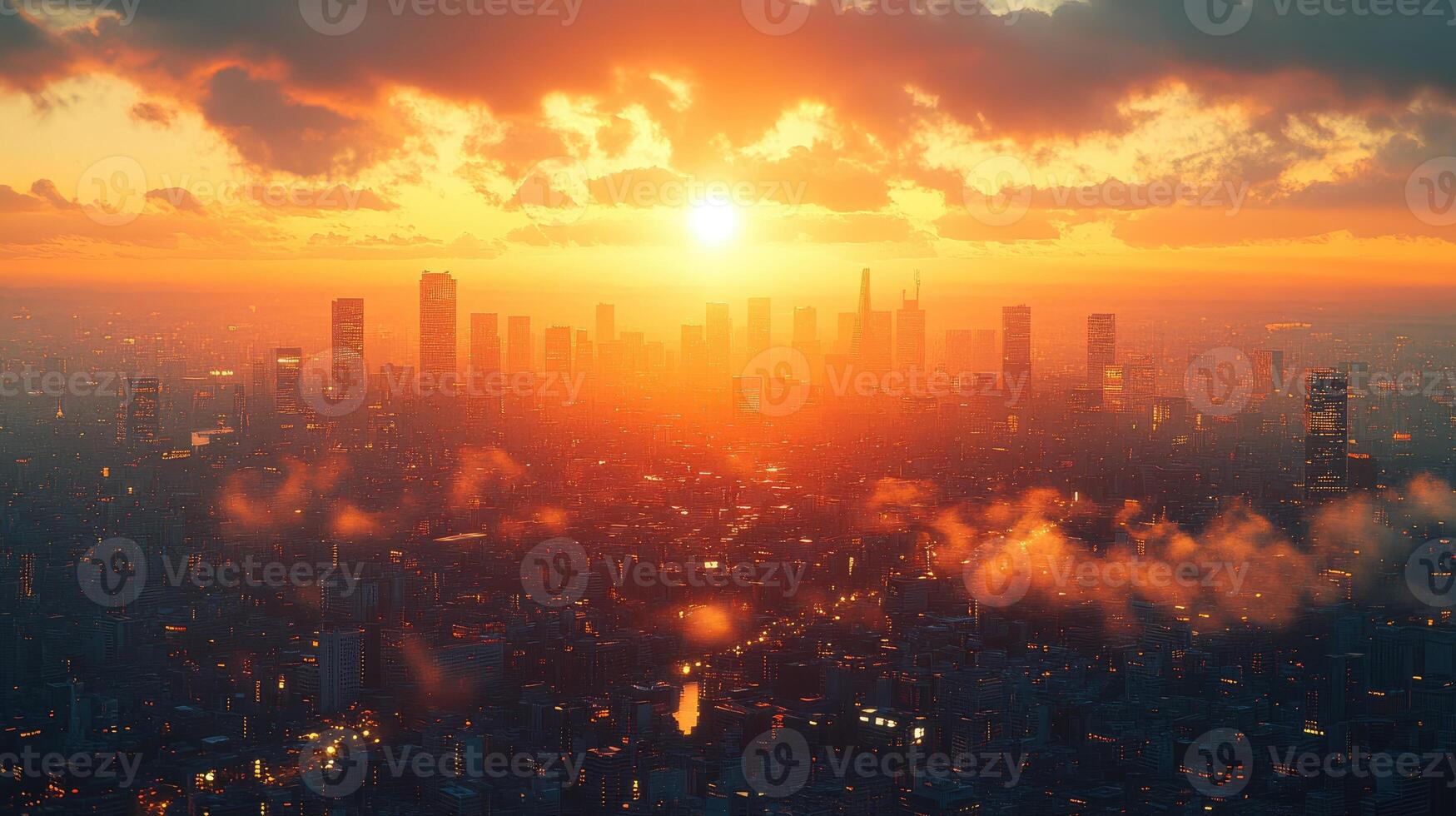 A city skyline with the sun setting over it photo