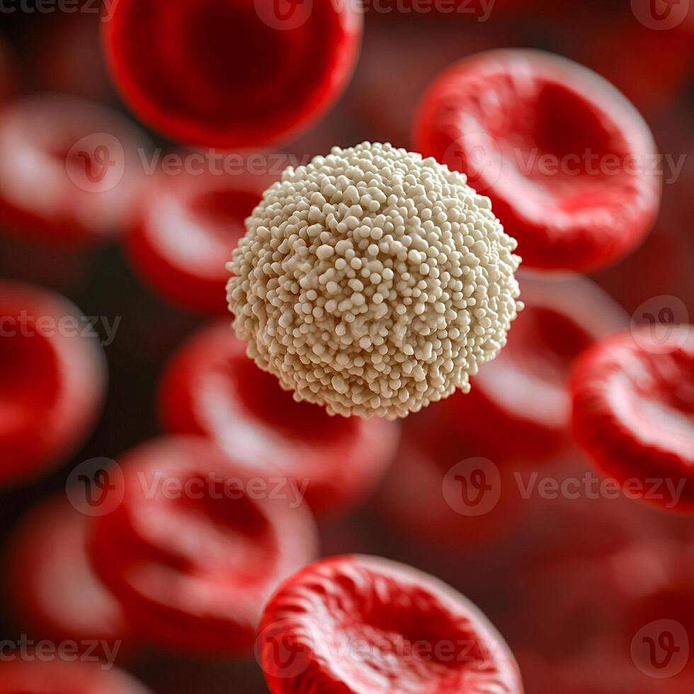 A white blood cell with a granular surface surrounded by many smooth red blood cells. photo