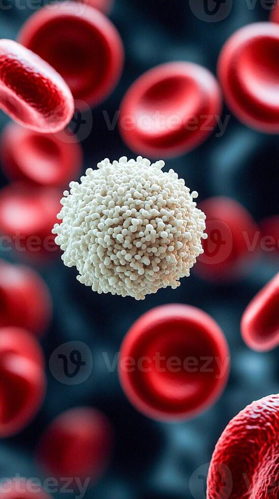 A white blood cell with a granular surface surrounded by many smooth red blood cells. photo