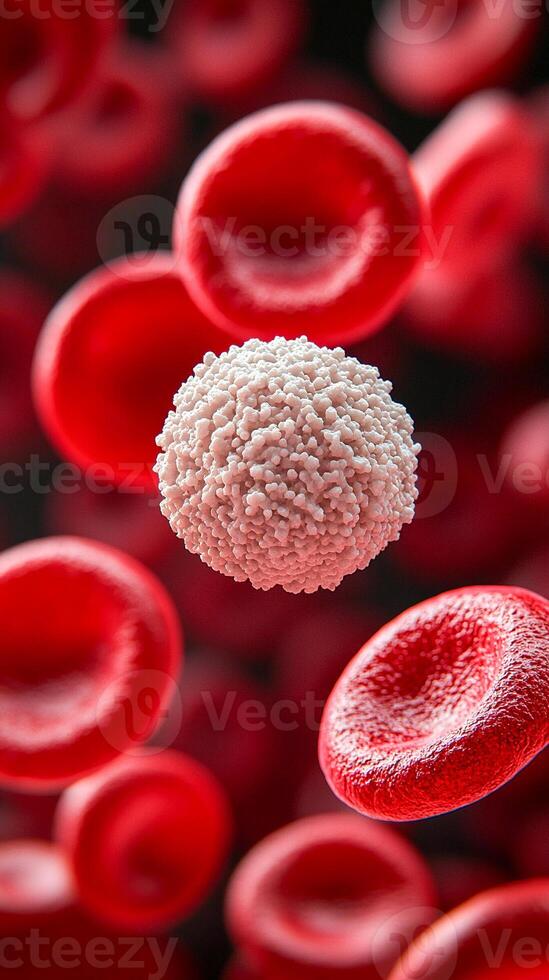 A white blood cell with a granular surface surrounded by many smooth red blood cells. photo