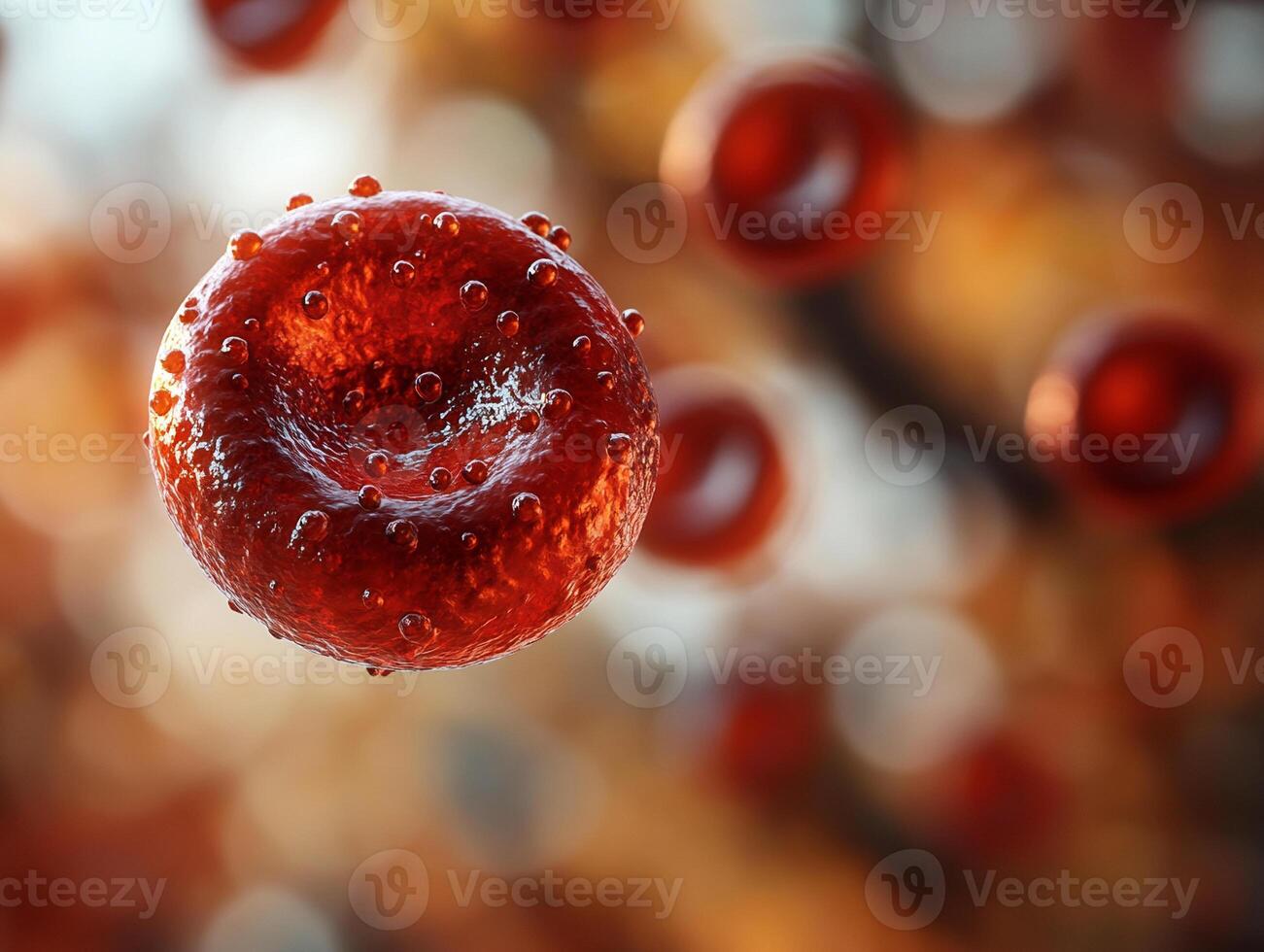 Red blood cell floating in a soft, blurred background. The vibrant, red cell stands out sharply with its smooth photo