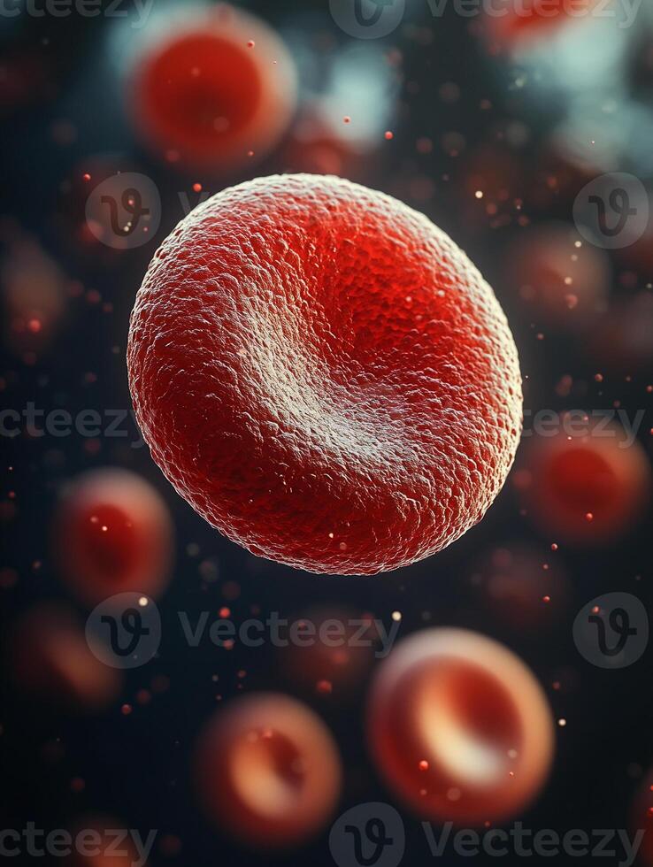 Red blood cell floating in a soft, blurred background. The vibrant, red cell stands out sharply with its smooth photo