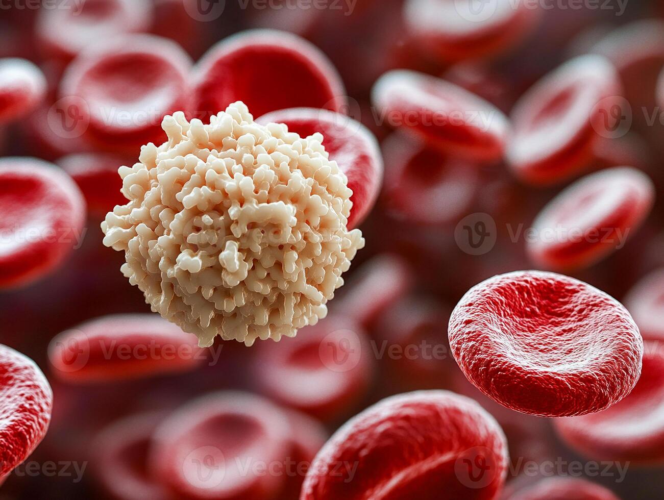 A white blood cell with a granular surface surrounded by many smooth red blood cells. photo