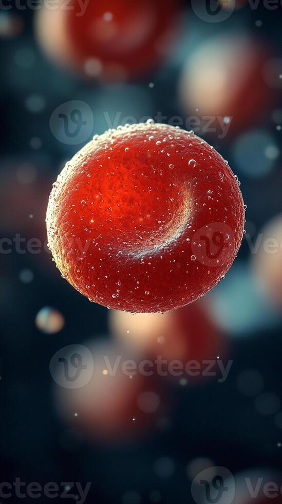 Red blood cell floating in a soft, blurred background. The vibrant, red cell stands out sharply with its smooth photo