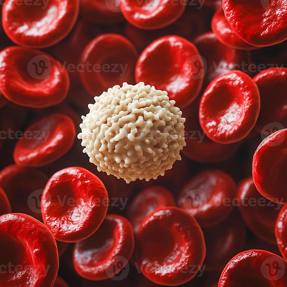 A white blood cell with a granular surface surrounded by many smooth red blood cells. photo