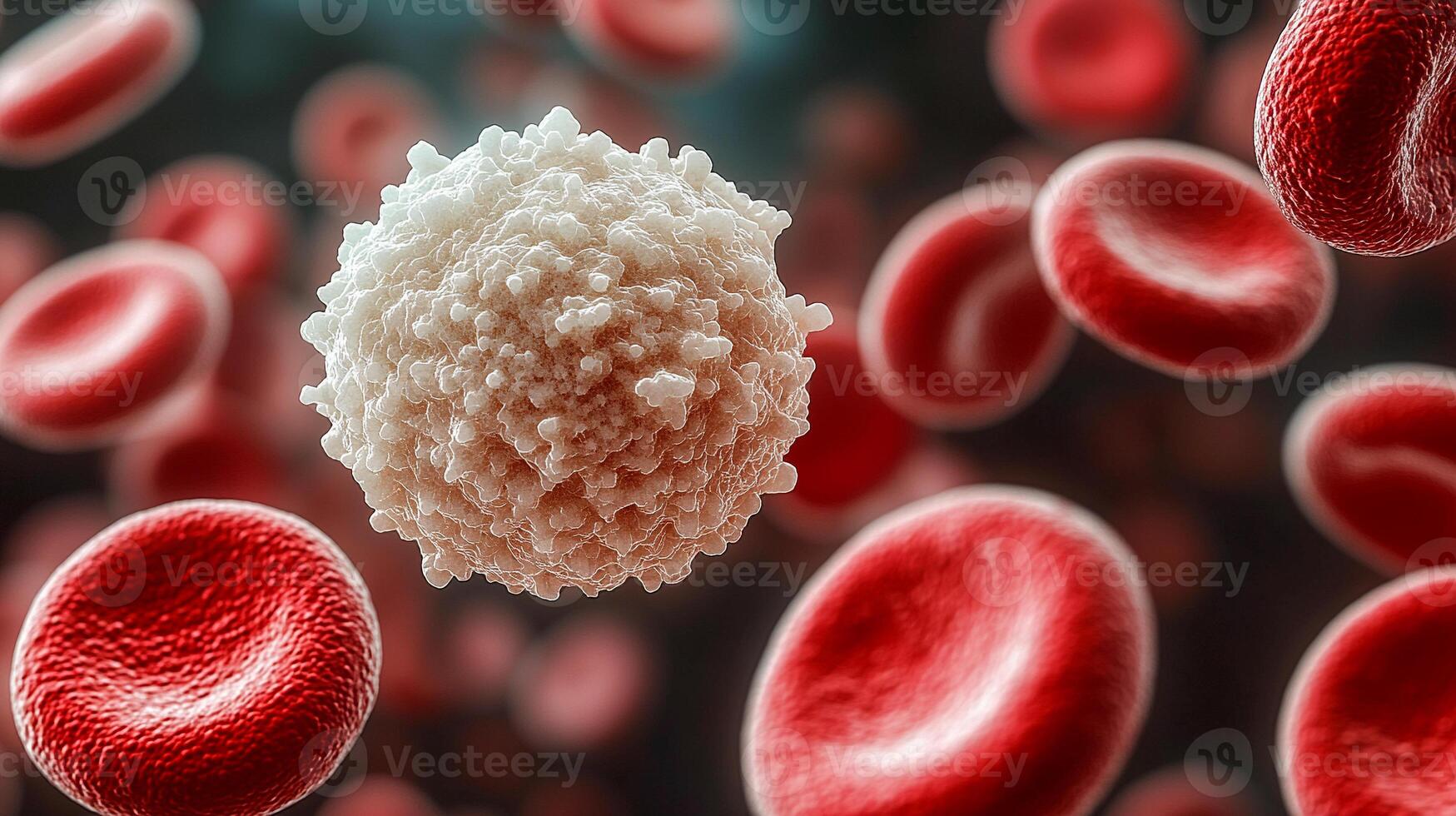 A white blood cell with a granular surface surrounded by many smooth red blood cells. photo