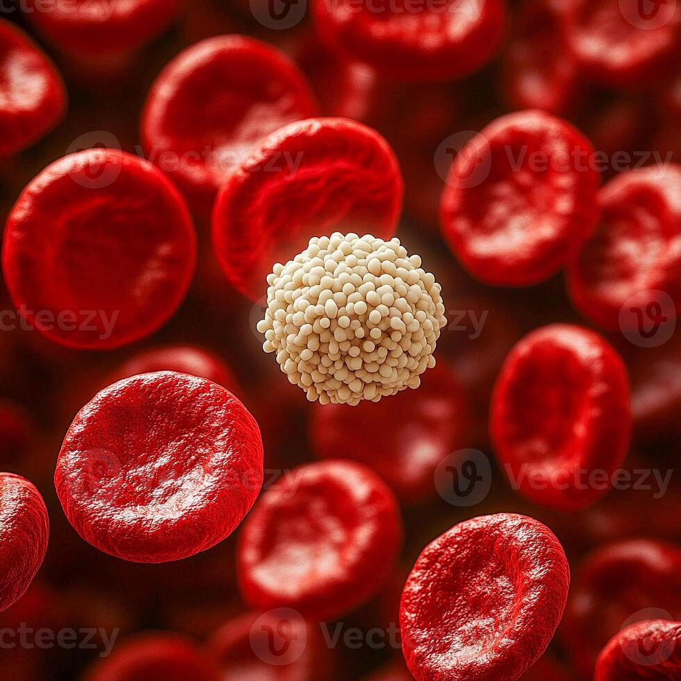 A white blood cell with a granular surface surrounded by many smooth red blood cells. photo