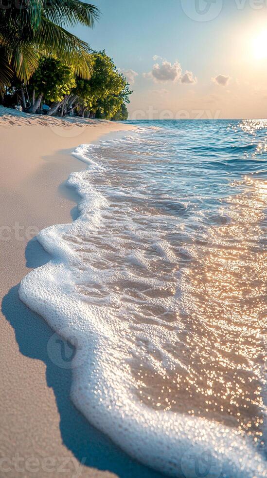 A photorealistic image of a serene tropical beach, featuring pristine white sand and crystal-clear turquoise water. photo