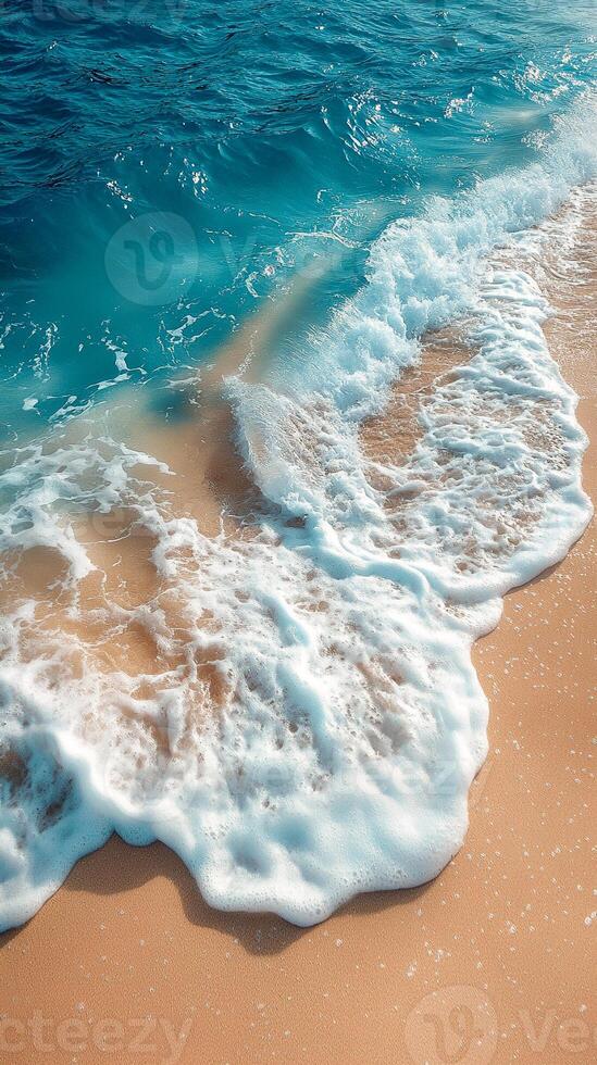 A photorealistic image of a serene tropical beach, featuring pristine white sand and crystal-clear turquoise water. photo