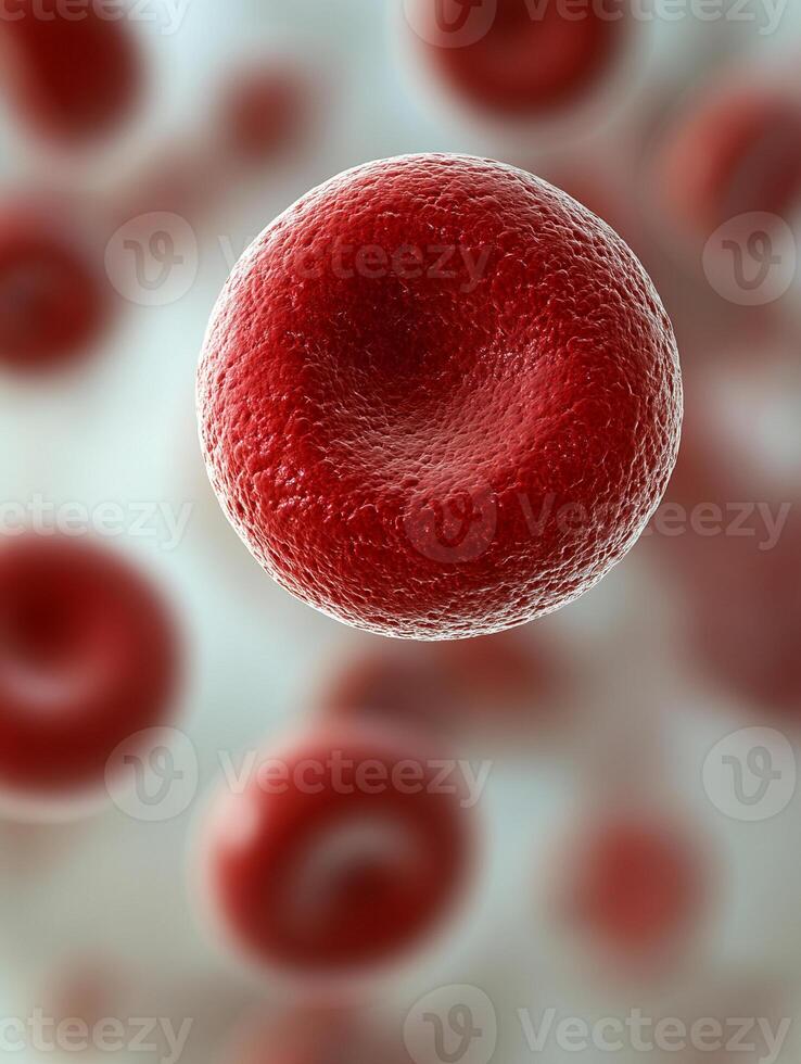 Red blood cell floating in a soft, blurred background. The vibrant, red cell stands out sharply with its smooth photo