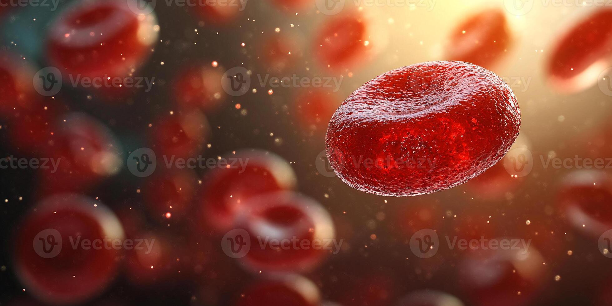 Red blood cell floating in a soft, blurred background. The vibrant, red cell stands out sharply with its smooth photo